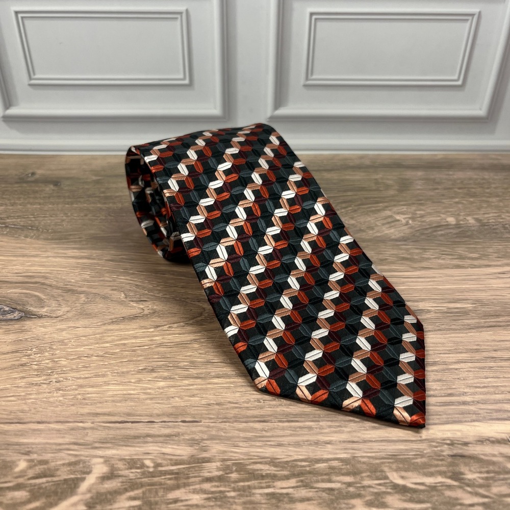 Bergamo New York Necktie Mens OS Rust Copper Geometric Mosaic Woven Hand Made